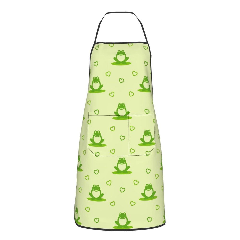 Lrtyuasq Happy Frog Apron, Waterproof, Adjustable, with Pockets, Green Pattern, One Size