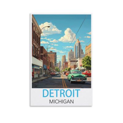 HSAYYIII Vintage Detroit, Michigan Travel Poster, 50 x 75 cm, Canvas Wall Art