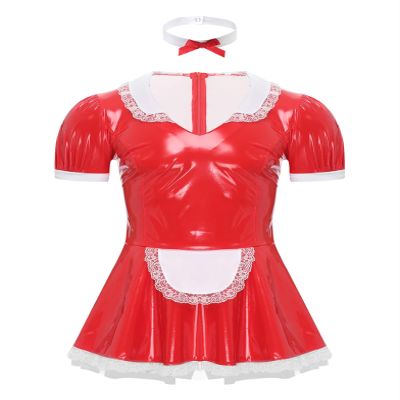 Vxuxlje Men's Sissy Patent Leather-Look Cosplay Maid Mini Dress, Red, XL