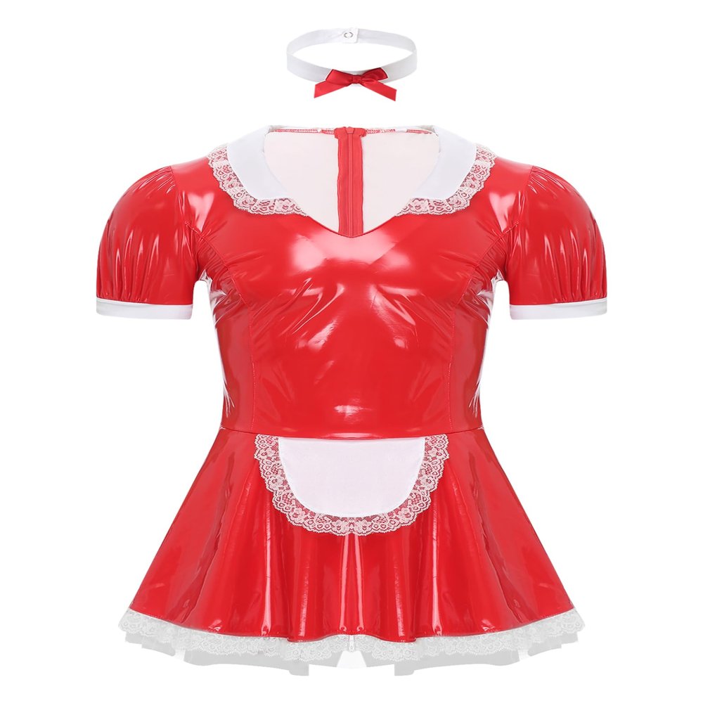 Vxuxlje Men's Sissy Patent Leather-Look Cosplay Maid Mini Dress, Red, XL