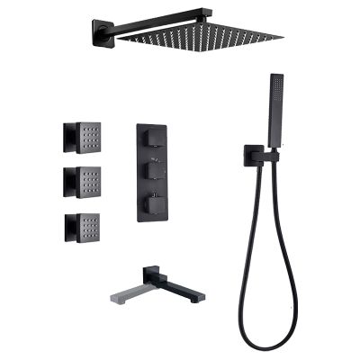 Black Thermostatic Rain Shower System with Swivel Tub Spout