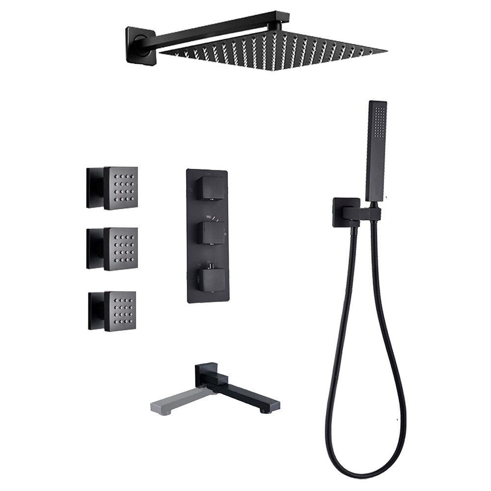 Black Thermostatic Rain Shower System with Swivel Tub Spout
