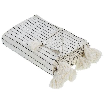 Chenille Throw Blanket, White/Off-White, 150 x 200 cm, Striped with Tassels, Modar