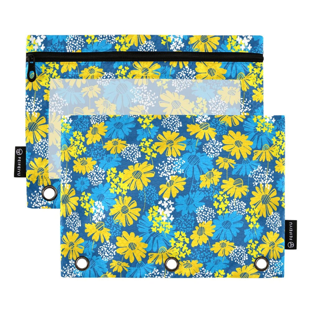 Wudan Summer Meadow Blue Floral 3-Ring Binder Pencil Pouches, 2-Pack