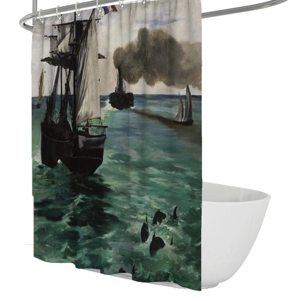 Édouard Manet Sea Landscape Boat Fabric Shower Curtain, 100W x 200L cm