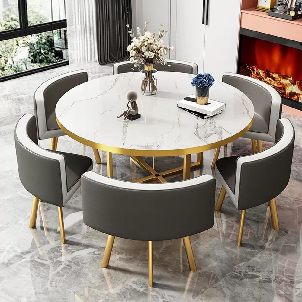 YUGXTH Round Dining Table and 6-Chair Set, PU Leather Dark Gray