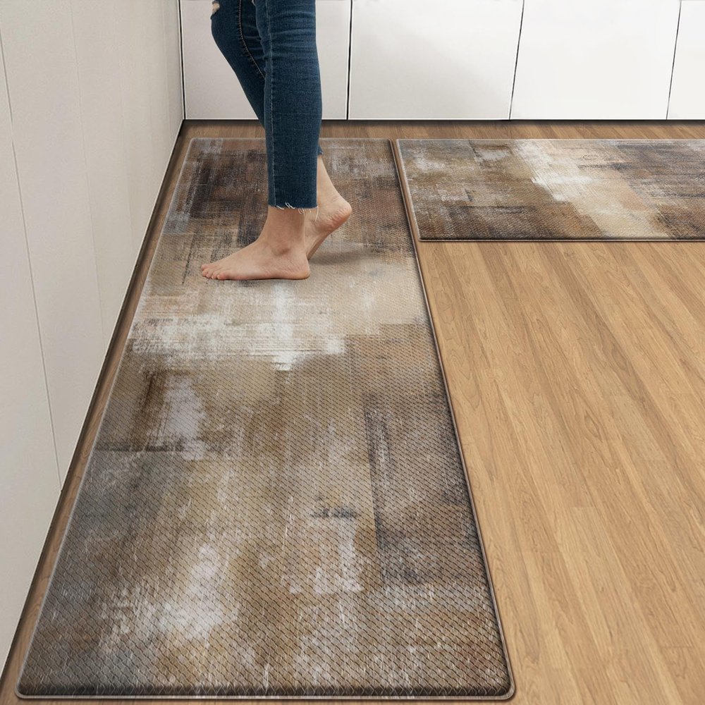 Arttown 2-Piece Kitchen Mat Set, Beige, Brown-Gray Abstract Design