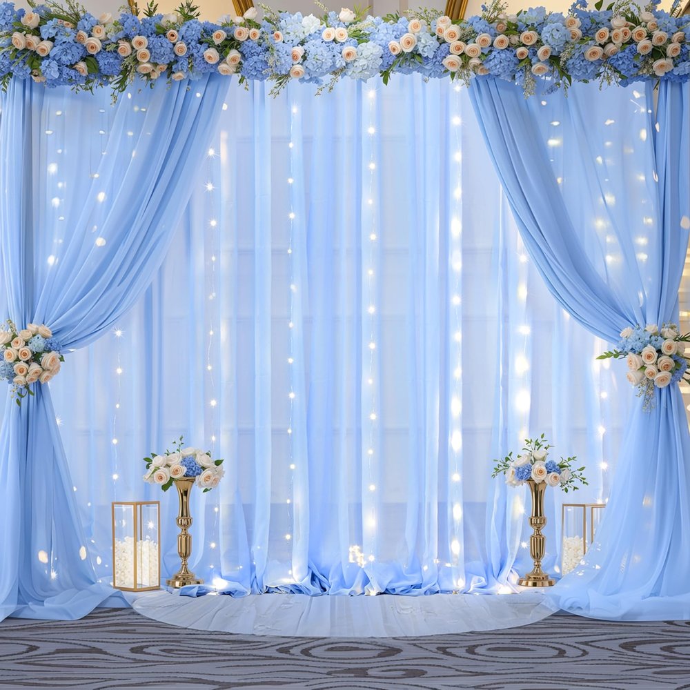 Shillance Light Blue Chiffon Backdrop with Lights for Parties and Photo Shoots, 1.5 x 3 m, 2 Panels