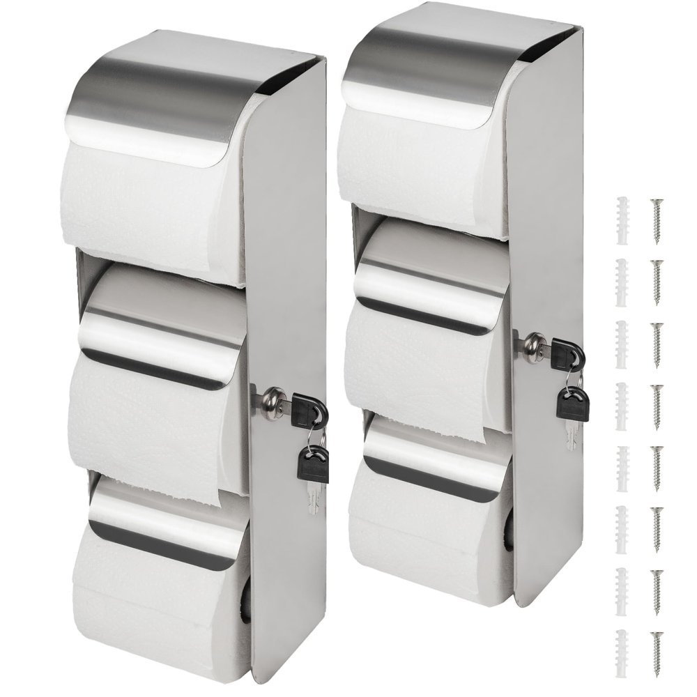 Desyeryamimi Lockable Toilet Paper Holder, 3-Roll Stainless Steel Wall Mount, Double-Roll Dispenser for Bathroom/Toilet, 2-Pack