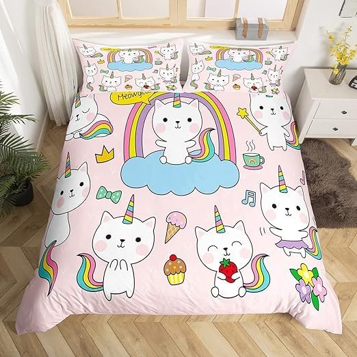 Rainbow Unicorn & Cat Duvet Cover Set 200 x 200 cm