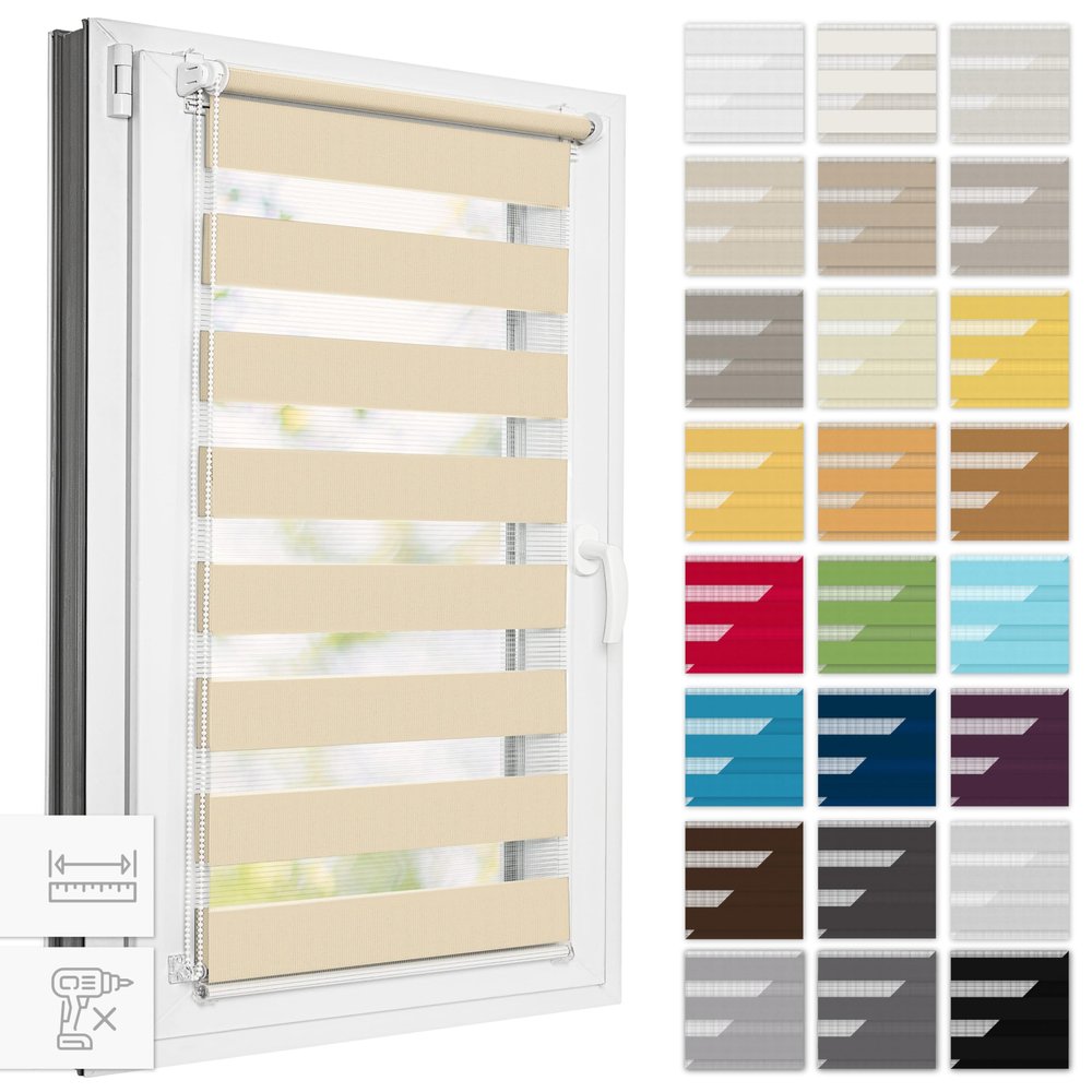 Estika Clamp-Fix Double Roller Blind, No Drilling, 112 x 220 cm, Beige – Day & Night Privacy Blind