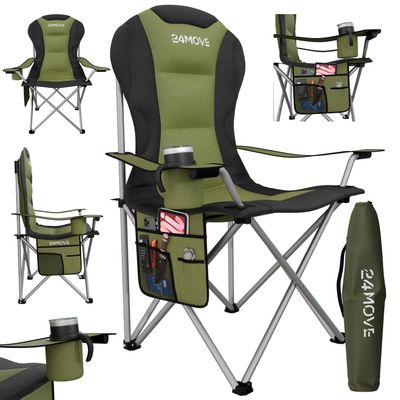 24MOVE Folding Camping Chair, Up to 150 kg, Padded High Backrest, Armrests, Cup Holder and Bag, Green