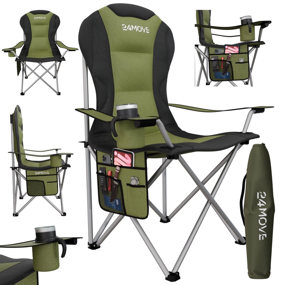 24MOVE Folding Camping Chair, Up to 150 kg, Padded High Backrest, Armrests, Cup Holder and Bag, Green