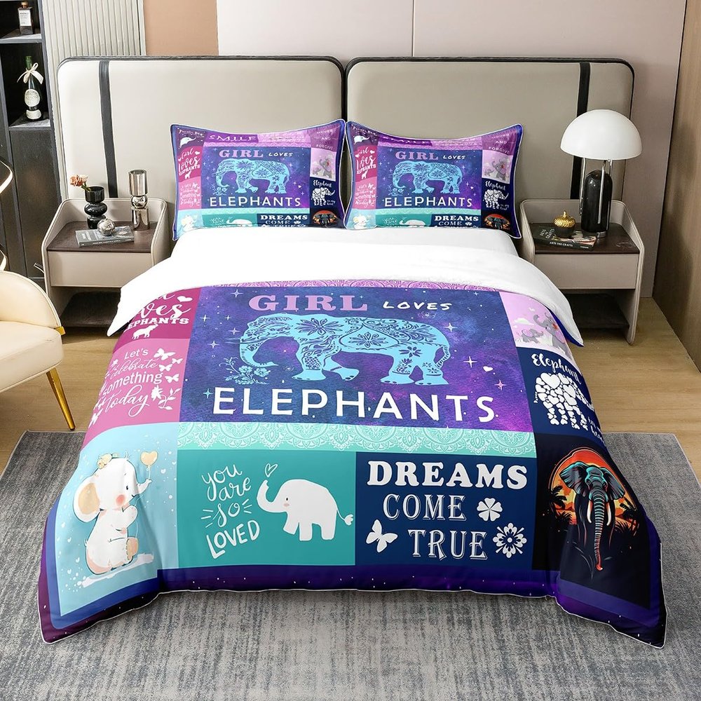 Loussiesd Elephant Duvet Cover Set 200x200 cm, 100% Cotton, 3D Wildlife Pattern, Purple Blue Plaid Grid