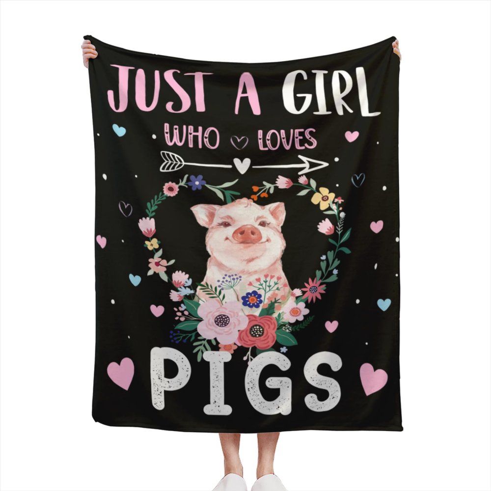 Blanket with “Just A Girl Who Loves Pigs” Text, Soft Warm Flannel, 100 x 125 cm