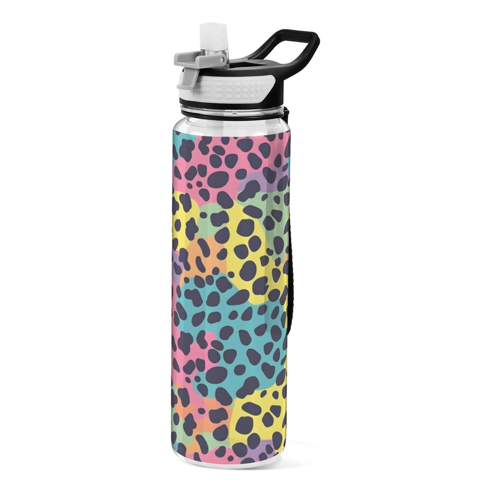 Mnsruu Rainbow Leopard 1 Water Bottle with Straw, 1 Liter Sports Bottle, Tritan, BPA-Free, Clear, for Adults, Outdoor, School, Gym, Travel