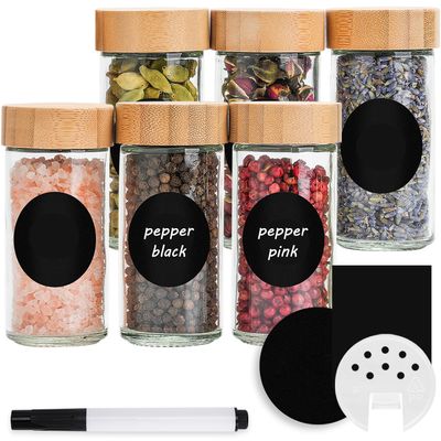 Happy Lemuro Round Spice Jars, 6 x 100 ml, with Bamboo Lids and Labels