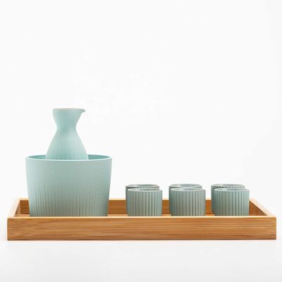 Sake Set with Cups and Warmer, Traditional Japanese Porcelain, Blue with Tray