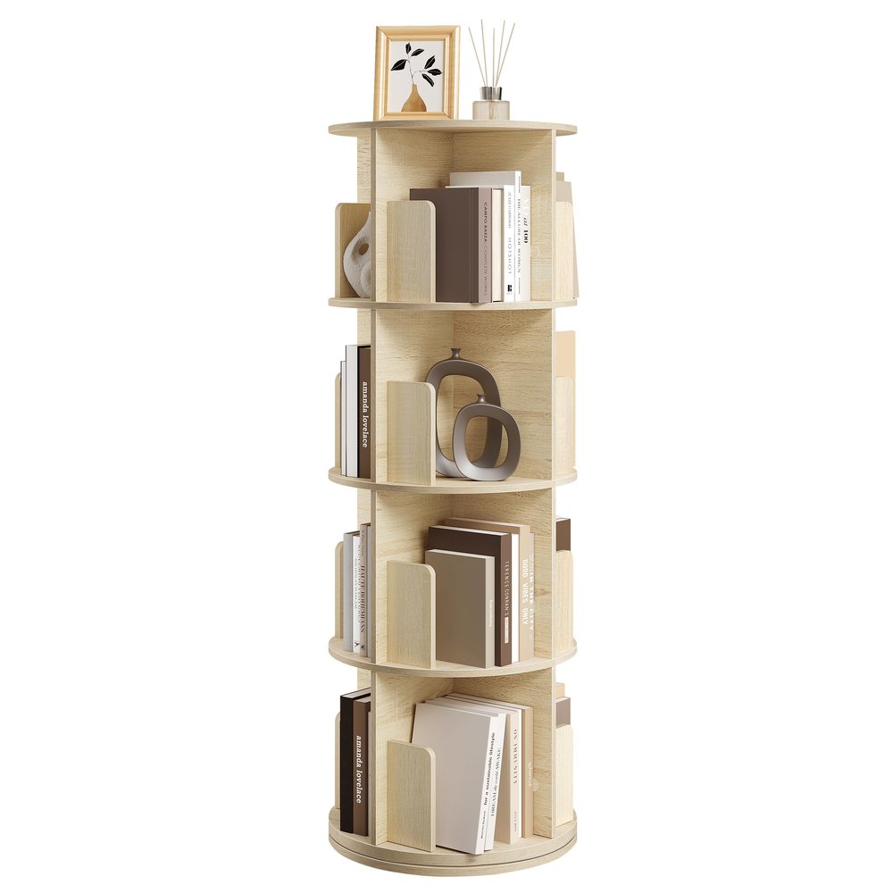 EUGAD 360° Rotating Bookshelf with 16 Compartments and 4 Tiers, Light Oak