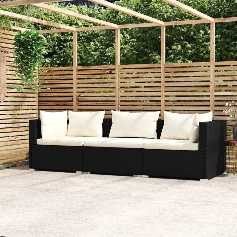 SECOLI 3-Seater Outdoor PE Rattan Corner Lounge Sofa, Black/Cream