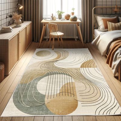 ABAKUHAUS Modern Boho Decorative Area Rug, Abstract Geometric Swirls, Tan Beige Gray, 122 x 170 cm