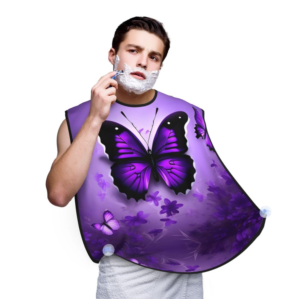 OdDdot Purple Butterfly Print Beard Bib Apron for Men, Black, One Size