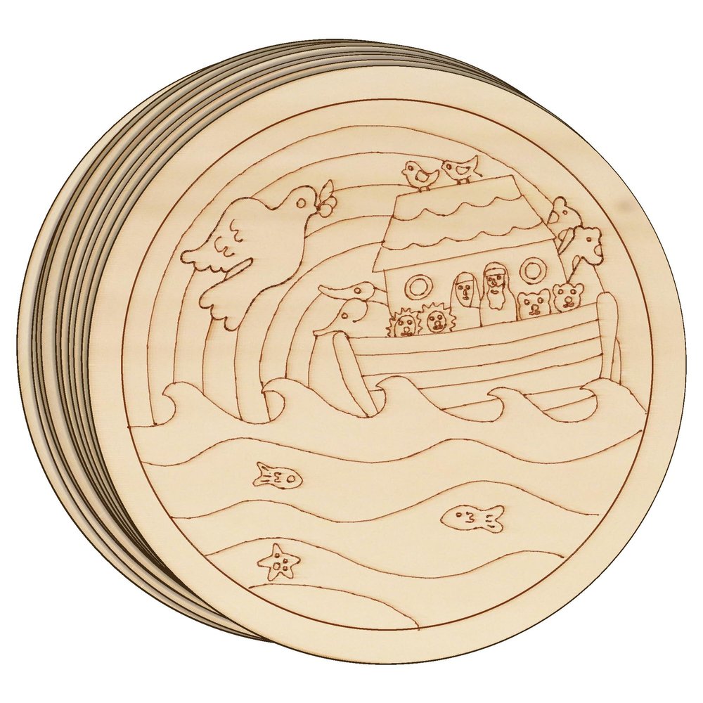 Christian Wooden Picture Shapes, Noah’s Ark and Flood, 3 mm, 15 x 15 cm, No Hole, 10 pcs