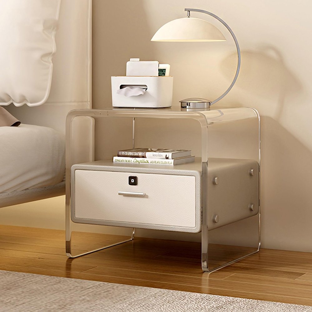 BRCYKRWY Modern Bedside Table with Open Compartment and Drawer, Silver