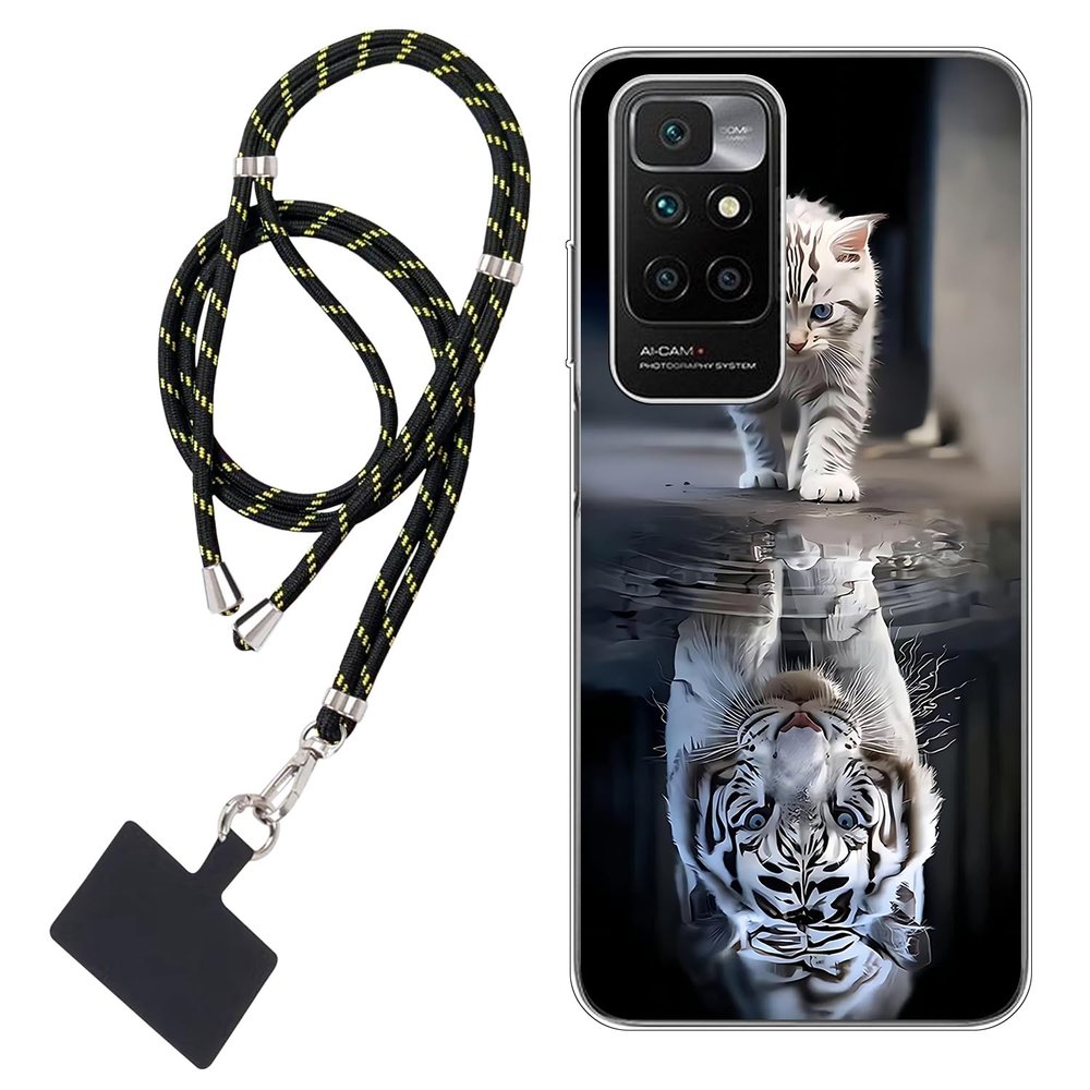 WUACYEAMING Case for Xiaomi Redmi 10 Prime, White Tiger Pattern, Slim TPU Silicone Cover with Universal Lanyard
