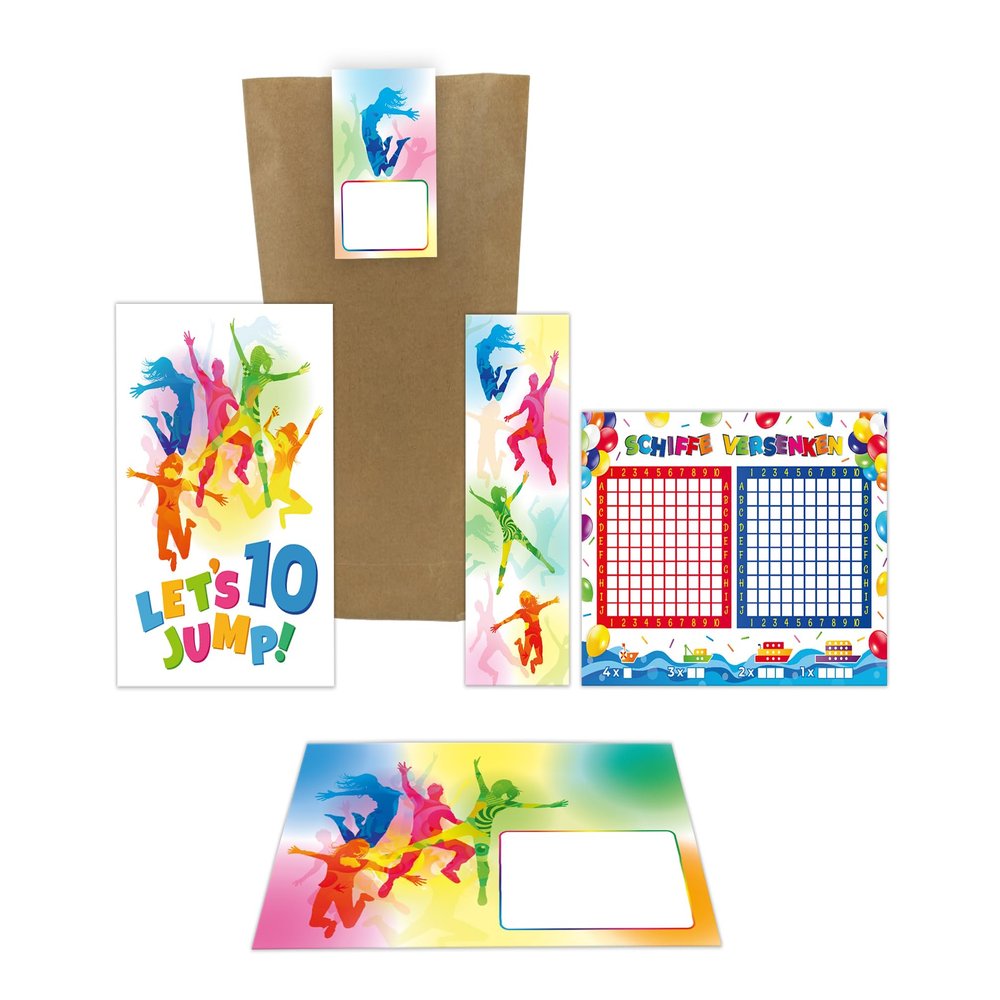 Junaversum 10 Invitations for a 10th Birthday Party, Trampoline Theme, with Envelopes, Bags, Stickers, Bookmarks and Battleship Games