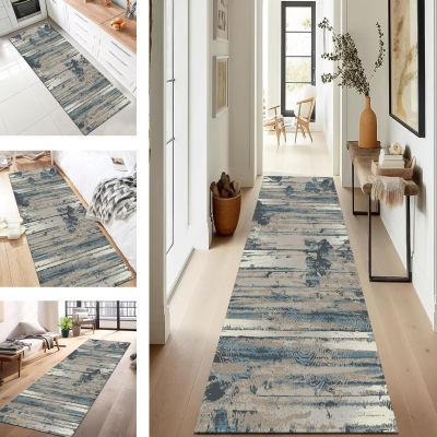 SUCERU Abstract Runner Rug, Washable Non-Slip, Brown and Blue, 120 x 150 cm