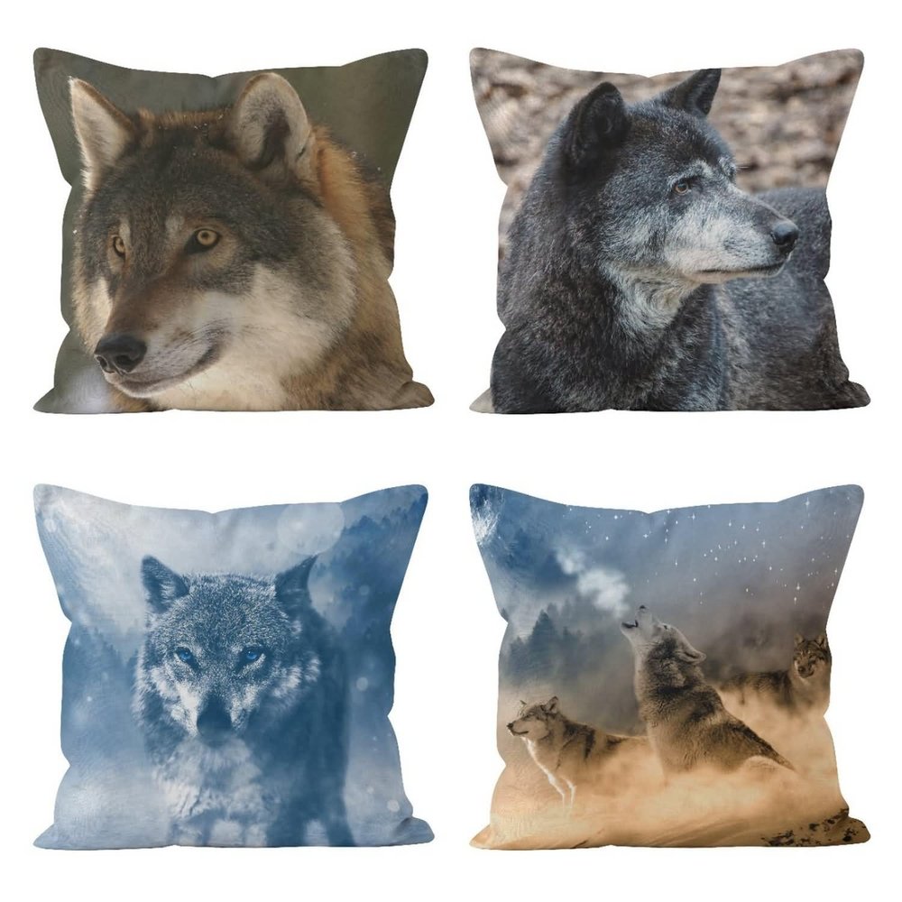 Ethereval Linen Wolf Pillow Covers, 4-Piece Set, 50 x 50 cm