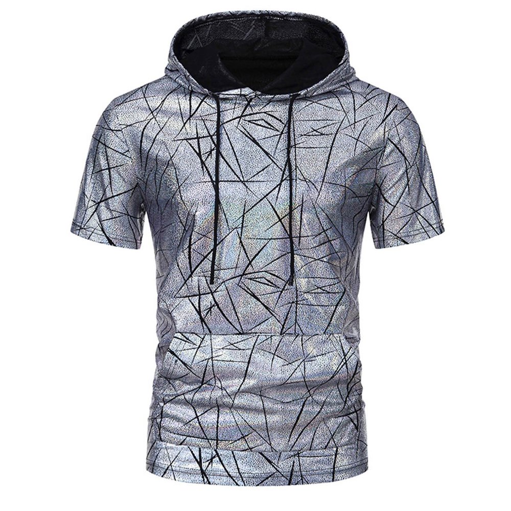 WAZHAKU Men's 1970s Disco Carnival Costume Metallic Sequin Short-Sleeve Hoodie