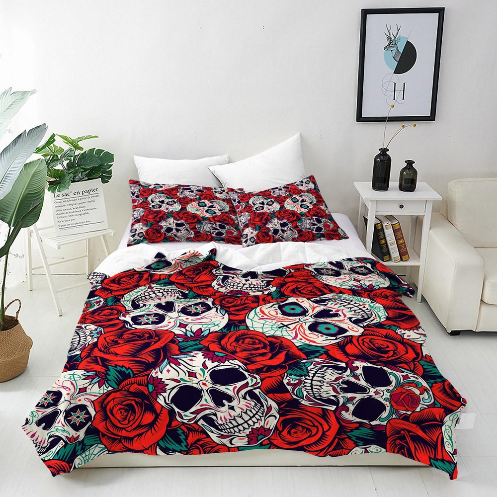 ANHOPE Sugar Skull Red Rose 3-Piece Bedding Set, 200 x 220 cm