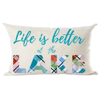 Ramirar Blue Word Art Decorative Lumbar Pillow Cover, "Life Is Better at the Lake," Cotton Linen, 12 x 20 in