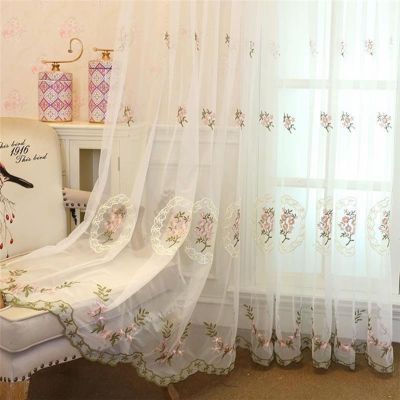 Homxi Sheer Curtains, 2-Piece Set, 86W x 214H cm Each, Pink Embroidered Tulle, Grommet Top
