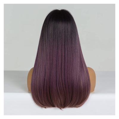 Long Straight Synthetic Wig with Bangs for Women, Bob Style, Lilac, Purple, Brown, Ombre, Gray