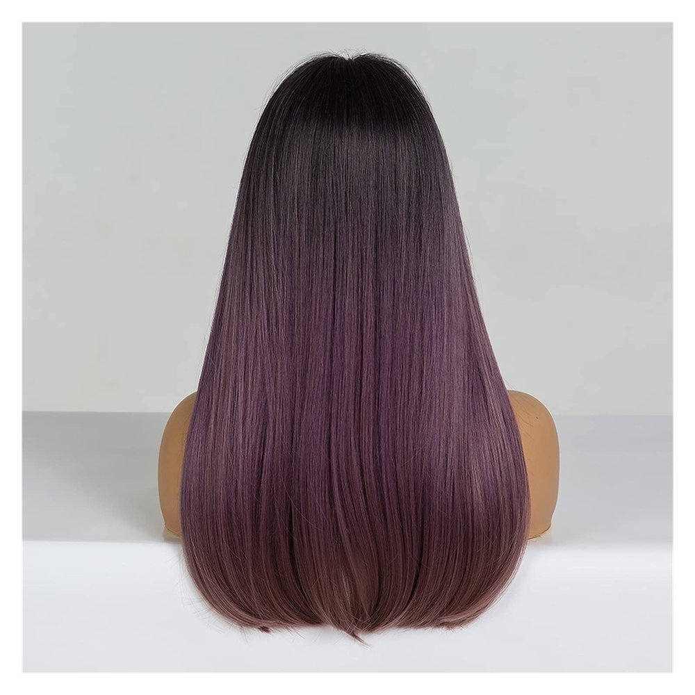 Long Straight Synthetic Wig with Bangs for Women, Bob Style, Lilac, Purple, Brown, Ombre, Gray
