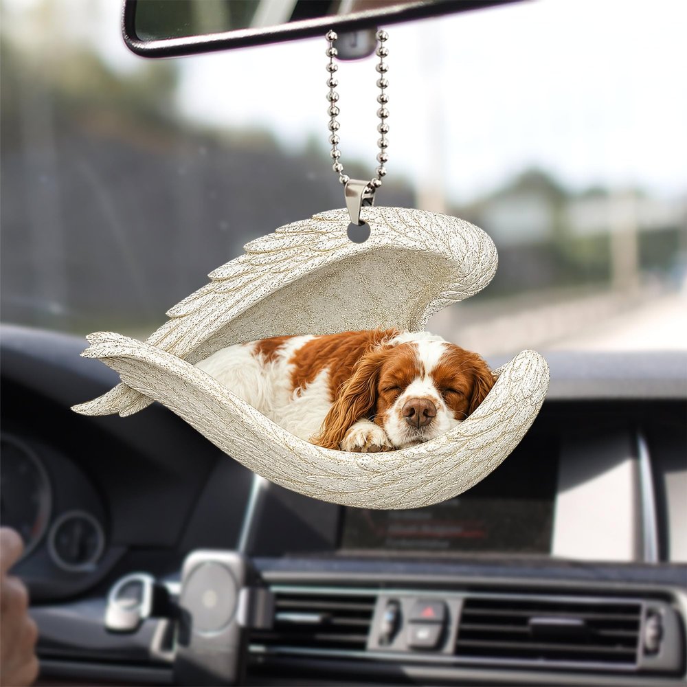 Talataca Cavalier King Charles Sleeping Angel Wing Memorial Dog 2D Flat Car Rearview Mirror Pendant, Christmas Tree Ornament and Hanging Decor Gift