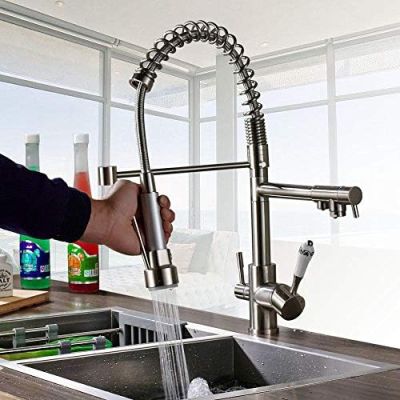 MYVVKIA Brushed Nickel Kitchen Faucet, Double Swivel Spout, Pull-Down Faucet for Hot and Cold Water