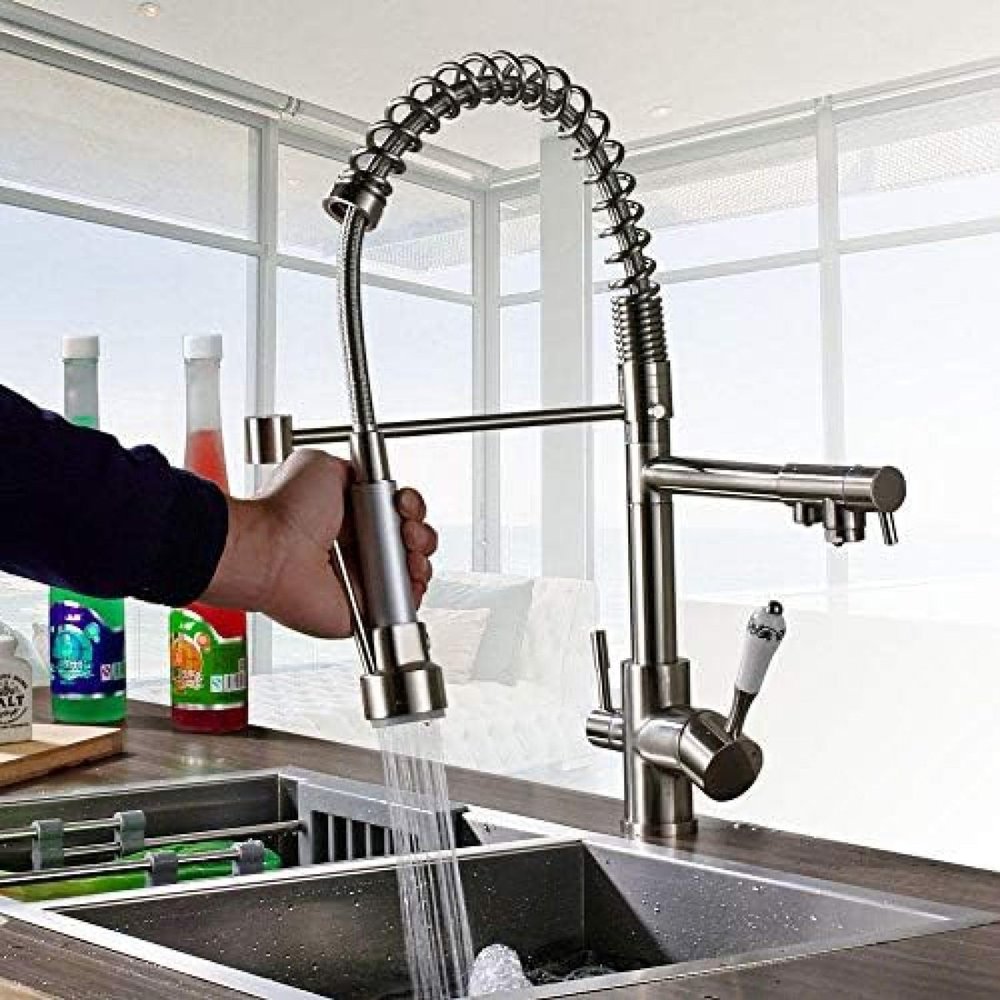 MYVVKIA Brushed Nickel Kitchen Faucet, Double Swivel Spout, Pull-Down Faucet for Hot and Cold Water
