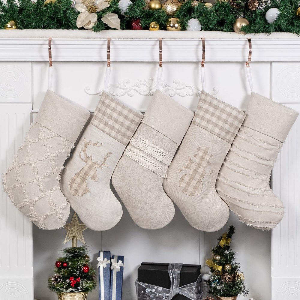 GEX Family Christmas Stockings, 20 in, Large Plaid, Classic Bohemian Style, 5-Pack