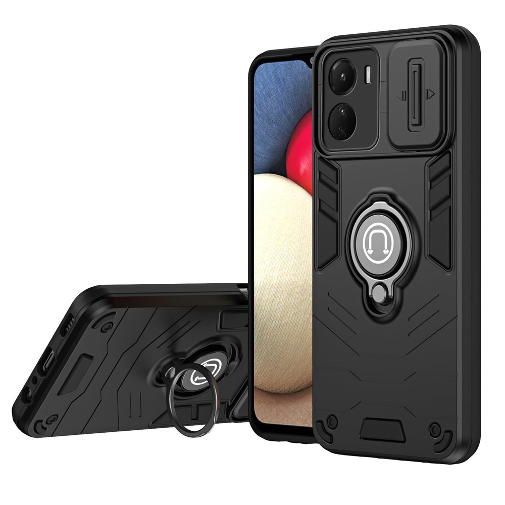 Rfvzubemok Case Compatible with Vivo Y16 4G / Y56 5G, Built-In Ring Holder, Camera Lens Protection, Car Mount, 2-in-1 Shockproof, Black
