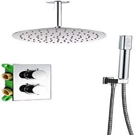 SANTPOT Ceiling-Mounted 16-Inch Rain Shower Mixer Set with Thermostatic Valve, Concealed Box, 12-Inch Square Wall and Round Ceiling Shower