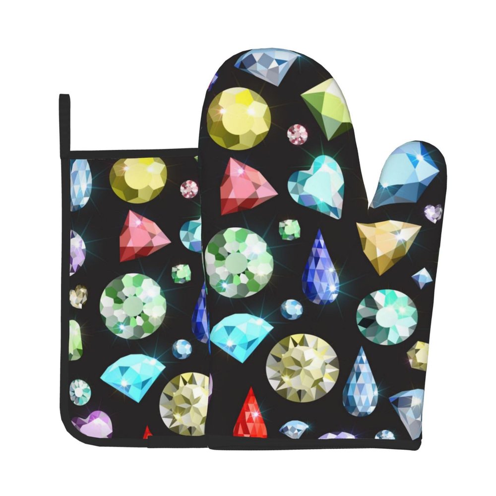 Colorful Gemstone Pattern Oven Mitt and Pot Holder Set