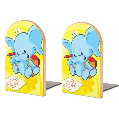 Tilivyx Pair of Wooden Bookends, Blue Elephant Cartoon, Non-Slip, 12.8 × 8.0 × 2.5 cm
