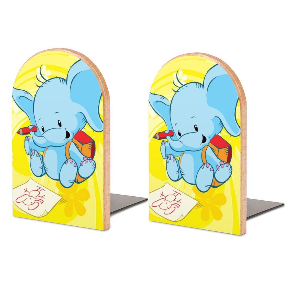 Tilivyx Pair of Wooden Bookends, Blue Elephant Cartoon, Non-Slip, 12.8 × 8.0 × 2.5 cm
