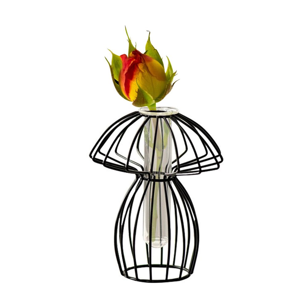 ZHDOKA Mushroom-Shaped Desktop Plant Vase with Glass Test Tube, Metal Stand, Black