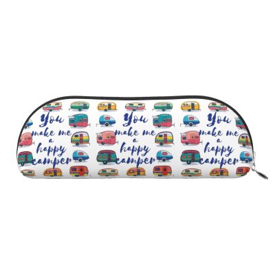 HAHAFU Leather Pencil Case, You Make Me Happy Camper Trailer, Silver