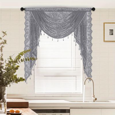 BOYOUTH Elegant Floral Lace Curtain with Waterfall Pearls, Gray, 99 cm Wide